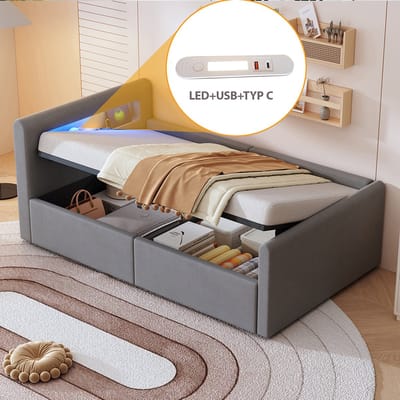 Komhtom Gestoffeerd kinderbed 90*200 cm, met ledverlichting, nachtlampje en USB-poort, plank, hydraulische opbergruimte, eenpersoonsbed, bedden voor jongens en meisjes, fluweelstof, lichtgrijs