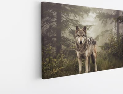 Saammp Canvas Schilderij - Wolf tussen de bomen - Dieren - Natuur - 30x20 - Foto op canvas - Wanddecoratie - muurdecoratie Woonkamer - Slaapkamer decoratie - Canvas Print