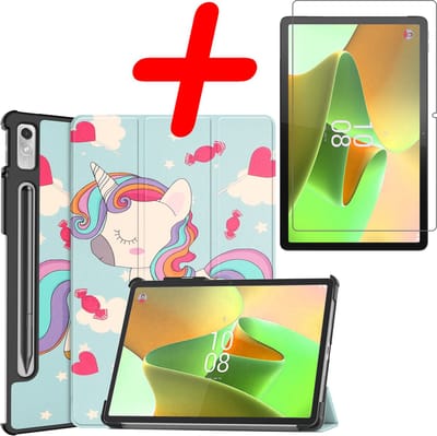 Hoesje Geschikt voor Lenovo Tab P11 Pro - Met Screenprotector - Trifold Bookcase - Hard Cover Case - Met Uitsparing Geschikt voor Lenovo Pen - Hardcover Book - Tablet Hoes - Eenhoorn