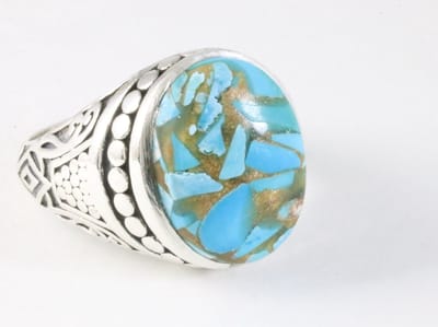 Zware bewerkte zilveren ring met blauwe turkoois - maat 17.5