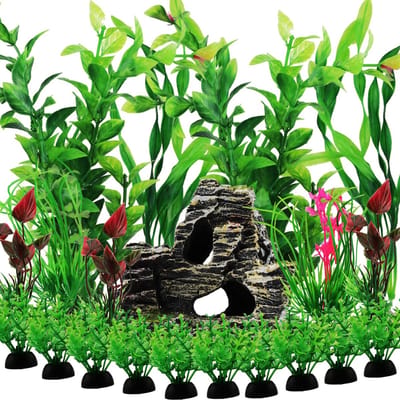 Dailygoods- Aquariumdecoraties 20 Stuks - Groene/Rode Planten - Kunststof Decoraties - Grot/Rotsdecoratie - Aquarium Versiering - Hars Materiaal - Aquariumplanten