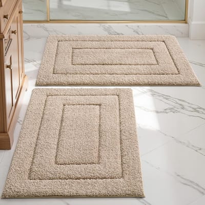 Famanu – Beige antislip badmat - set van 2 (80 x 150 cm) + (50 x 80 cm) - pluche badmat - zachte bad - en douchemat - machinewasbaar - sneldrogend - relax