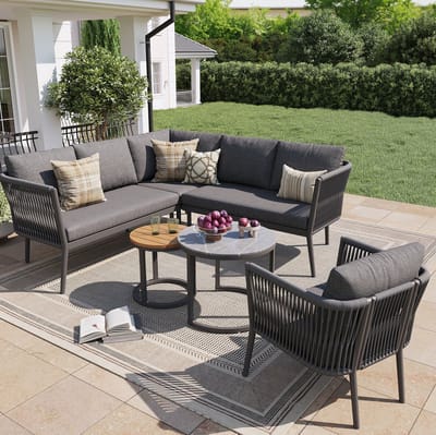 DESMIU Loungeset 6-Delig - Modulaire Hoek Loungeset Met Kussens En 2 Tafels - Voor Tuin, Terras En Balkon - Metaal En Olefine Grijs