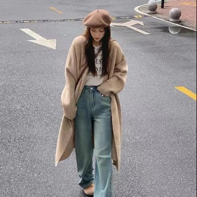 Herfst en Winter Middellange Trui Vest Jas Dames Koreaanse Versie Niche Losse en Luie Stijl Over-de-knie Gebreide Trui S lichtbruin