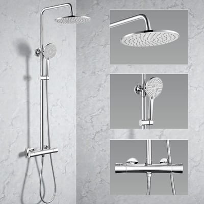 DERW Max Regendouche met Thermostaatkraan - Doucheset Chroom - Regendouche Ø 25 cm - Handdouche Met 3 standen - Verstelbare Hoogte 102-125 cm - Inclusief koperen thermostaatkraan - Chroom