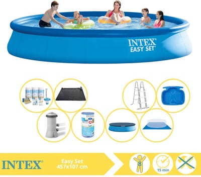 Intex Easy Set Zwembad - Opblaaszwembad - 457x107 cm - Inclusief Onderhoudspakket, Filter, Solar Mat en Voetenbad