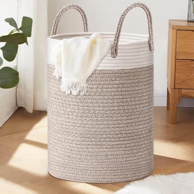 Cotton Braided Laundry Basket with Handle - 40 Litres Storage Basket for Laundry Room, Children's Room, Living Room, Bathroom