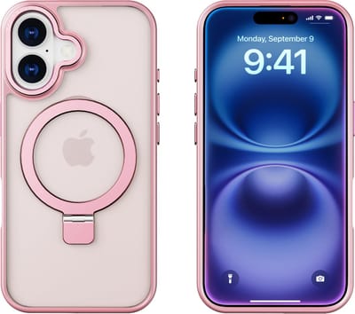 Hoesje Geschikt voor iPhone 16 Magsafe hoesje - hard backcover - Magnetische Standaard - Ringhouder - Mat Transparant / Licht Roze
