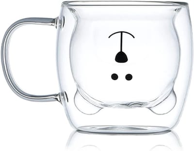 Dubbele wand glazen mok met schattige beer, geïsoleerde koffiemok voor thee en melk, perfect voor espresso en warme dranken