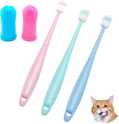 Complete Tandverzorgingsset voor Katten met 3 Stukken: Zachte Silicone Tandenborstels, 360 Graden Tandenborstels en Herbruikbare Accessoires voor Kleine Huisdieren in Roze, Blauw en Groen