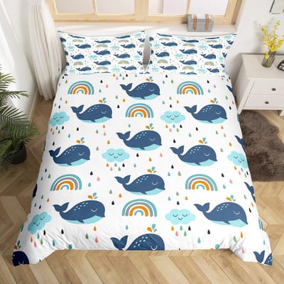 Blauwe Zee Walvis Dekbedovertrek King Full Cartoon Oceaan Dier Kinder Beddengoed Set Kust Strand Dekbedovertrek Oceaan Golven Dekbedovertrek EU single(135x200cm)