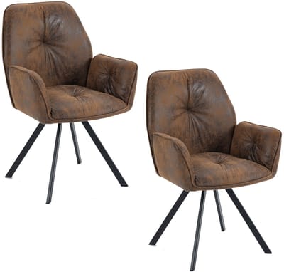 Meubles Cosy Set van 2 comfortabele eetkamerstoelen - met armleuningen Suède microvezel Vintage stijl – Bruin