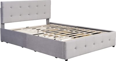 Gestoffeerd bed 140 x 200 cm, tweepersoonsbed met lades, lattenbodem en rugleuning, huidvriendelijk tweepersoonsbed van fluwelen stof voor volwassenen en tieners, grijs (matras niet inbegrepen)