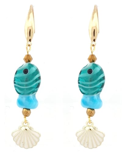 Dames oorbellen - beachlook - turquoise - glazen visje - schelpje - goudkleurig haakje