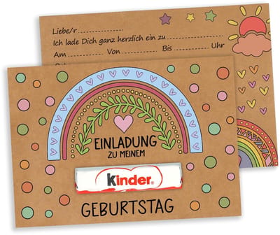 Dailygoods- Uitnodigingskaarten Kinderverjaardag - Set van 15 - Kraftpapier - Regenboog - Feest - Wenskaarten - Verjaardagskaarten