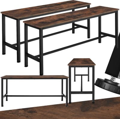 tectake® Banken voor eettafel - Set van 2 houten keukenbanken - 108x32,5x50,5 cm - Industrieel design - Voor eetkamer, keuken, woonkamer - Zwart metalen frame - Donkerbruin