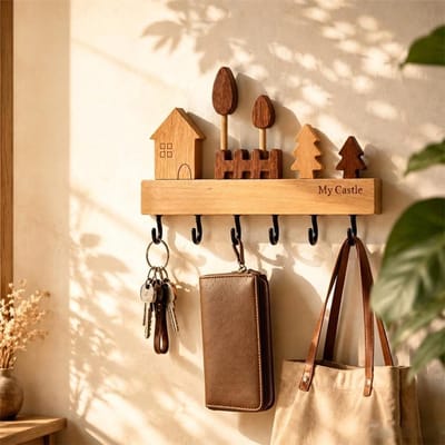 KZQ Sleutelhouder voor aan de muur - Houten sleutelhouder met 6 haken, huis- en boomdesign - Wandplank geschikt voor gangen, hallen en slaapkamers - Stevig en duurzaam, met opbergfunctie, natuurlijke houtkleur