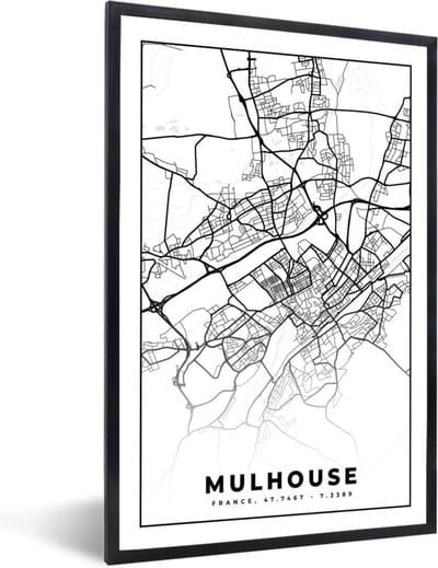 Fotolijst incl. Poster Zwart Wit- Frankrijk - Mulhouse - Kaart - Plattegrond - Stadskaart - Zwart wit - 40x60 cm - Posterlijst