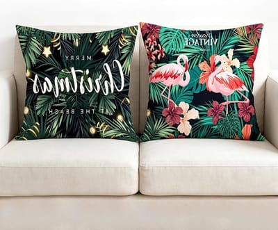 Set van 2 Groene Kussenhoezen, Korte Pluche Kussenhoezen 40 x 40 cm, Decoratieve Kussenslopen met Palmblad en Flamingo Motief voor de Woonkamer