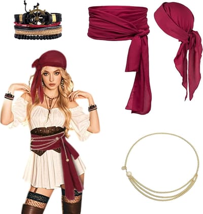 Piratenkostuum voor Dames met Bordeau Hoofddoek, Tailleband en Belketting voor Carnaval en Halloween Feesten