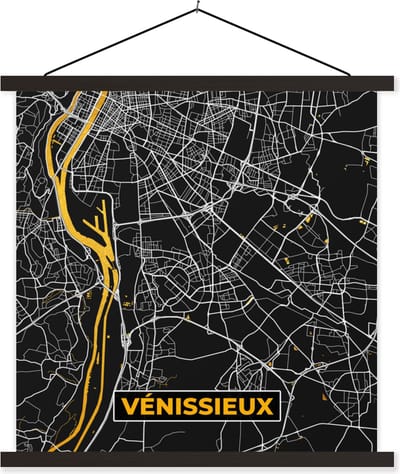 Posterhanger incl. Poster 60x60 cm - Schoolplaat - Stadskaart - Plattegrond - Vénissieux - Frankrijk - Kaart - Textielposter - Zwarte latten - Stadskaart