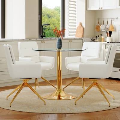 MIVRAY Eethoek 85 cm - Ronde Glazen Tafel met 4 Draaibare Stoelen - Voor Eetkamer of Horeca - Metaal Wit Goud