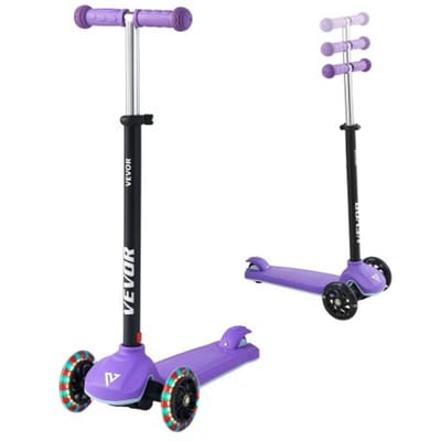 VEVOR Scooter (3 wielen) voor kinderen vanaf 3 jaar, stadsscooter voor kinderen met lichtgevende wielen, in hoogte verstelbaar stuur, antislip platform en lichtgewicht aluminium frame, step voor kinderen tot 75 kg, paars