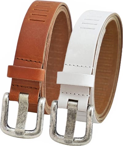 Landley Duopack met Leren Geperforeerde Riemen Smal - Voordeelset met 2 riemen - Breedte 3 cm - Dames en Heren - Cognac en Wit - Lengte totaal 120 cm / Riemmaat 105