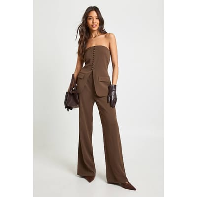 boohoo Dames Gestructureerde Bandeau Wijdpijp Jumpsuit | Chocolate | Maat: 14
