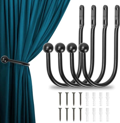 4 Pieces Curtain Holder for Curtains, Metal Black U Shape Wall Mount Suitable for Living Room, Bedroom, Dining Room - ShopVlot