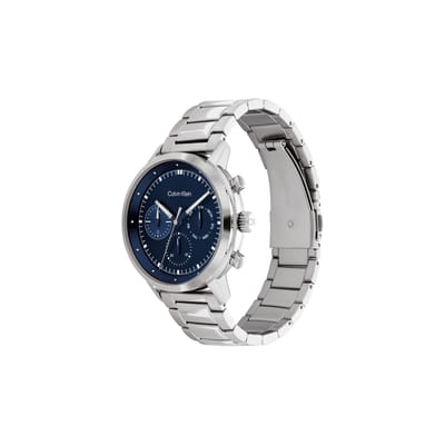 Calvin Klein Stijlvolle Serie Quartz Horloge Roestvrijstalen Band 44 Mm Blauwe Wijzerplaat Multifunctioneel Chronograaf Drie Wijzers Herenhorloges Zilver 25200063 Regular Watch Box,Silver Strap Blue Dial black