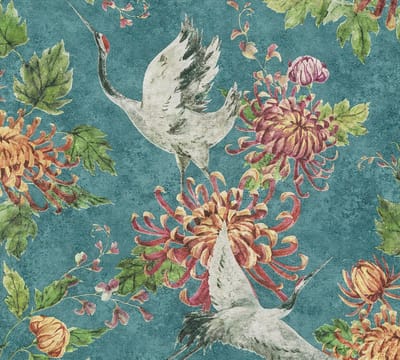 KRAANVOGEL BEHANG | Dier & Natuur - blauw groen grijs oranje - A.S. Création Asian Fusion