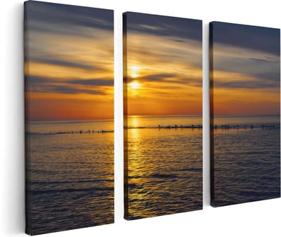 Artaza Canvas Schilderij Drieluik Zonsondergang In De Zee - 120x80 cm - Wanddecoratie Woonkamer - Schilderijen - Muurdecoratie