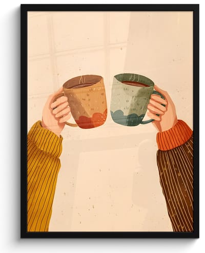 Poster in lijst - Fotolijst 50x70 cm - Posters - Illustratie - Mokken - Proosten - Bruin - Posterlijst zwart - Decoratie - Wanddecoratie woonkamer - Muurdecoratie slaapkamer