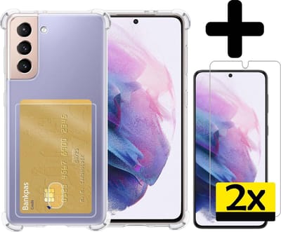 Hoesje - Geschikt voor Samsung Galaxy S21 - Met 2x Screenprotector - Pashouder - Kaarthouder - Telefoon Hoes Shockproof - Siliconen Case - Back Cover - Shock Proof - Pasjes Houder - Telefoonhoesjes - Transparant