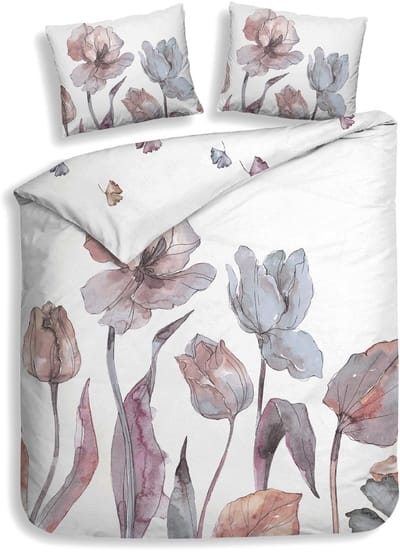 Heckettlane Dekbedovertrek Zeljko - Bedlinnen met Bloemen print - 260x200-220 cm - Wit - Dekbedovertrek van 100% Katoen-Satijn