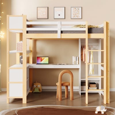 Hoogslaper, 140 x 200 cm, planken, diverse opbergvakken, bureau, kledingkast, zonder matras, naturel