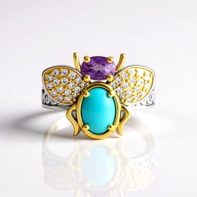 Cavill - Zilveren Damesring - 925 Sterling Zilver - Sleeping Beauty Turkoois 0,81 ct Ovaal - Amethist 0,315 ct - Prong Zetting - Bohemian Elegantie