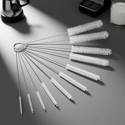 Set van 12 Multifunctionele Reinigingsborstels voor Koffiemachines, Rietjes, Flessen en Melkbuizen - Wit