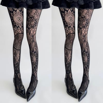 2 paar Gothic Punk Vissennet Panty's Witte Sokken Dames Zwart Totem Jacquard Kantpatroon Donkere Esthetiek Tattoo Print Gaas Panty's One Size gray