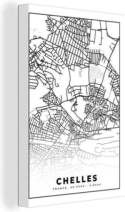 Canvas Schilderij Frankrijk - Chelles - Stadskaart - Plattegrond - Kaart - Zwart wit - 20x30 cm - Wanddecoratie