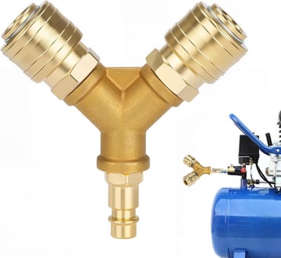 2-way luchtcompressor verdeler, messing, T-stuk/Y verdeler, NW 7.2, 1/4 inch AG, mannelijke schroefdraad, plugverbinding, voor luchtcompressoren en perslucht slangen
