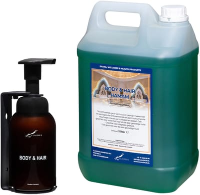 Body & Hair Hamam 300 ml - zeepdispenser amber bruin met pomp + 5 liter (inclusief beugel) - 2 in 1 voor lichaam en haar