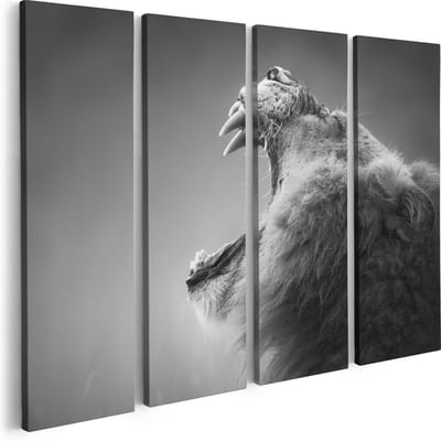 Artaza Canvas Schilderij Vierluik Brullende Leeuw - Zwart Wit  - 80x60 - Foto Op Canvas - Canvas Print