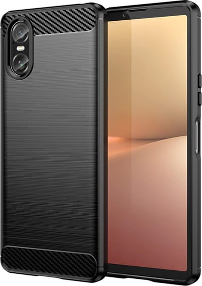 MobyDefend Hoesje - Geschikt voor Sony Xperia 10 VI - TPU Backcover - Geborstelde Metaal & Carbon-Look - Zwart