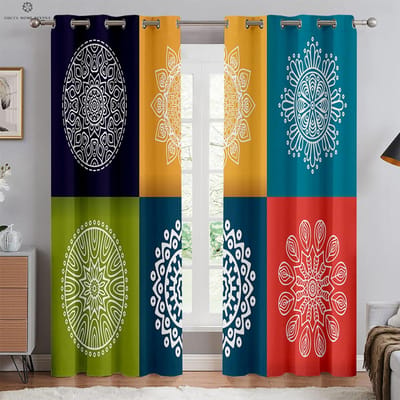 Bohemian Ruitpatroon Bedrukte Gordijnen, Decoratieve Gordijnen, Retro Stijl, Geschikt voor Slaapkamer, Woonkamer, Keuken, Studeerkamer W50xH130(CM)x2PCS&Rod pocket