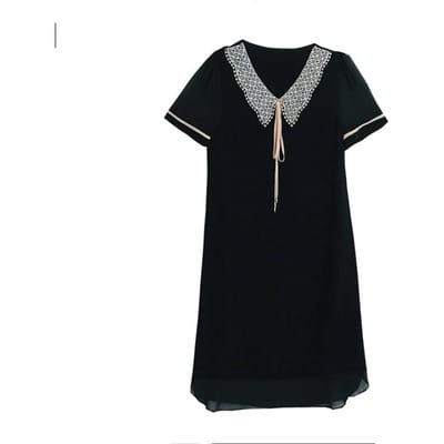 Dames Zomer Leeftijdsvermindering Chiffon A-lijn Jurk Design Sense Losse Kant Poppenkraag Jurk XXXXXL zwart