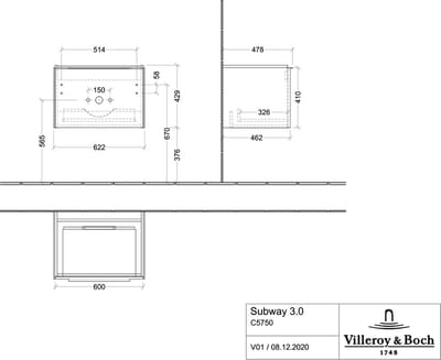 Villeroy & Boch Subway 3.0 Wastafelmeubel, 1 lade, 622x429x478mm, C57502VN