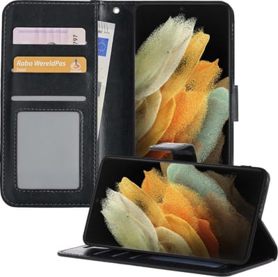 Hoesje - Met Pasjeshouder - Geschikt voor Samsung Galaxy S21 Ultra - Luxe Bookcase Portemonee - Flip Case - Kunstleer Book Case - Flipcase - Book Cover - Walletcase - Portemonneehoes - Telefoonhoesjes - Zwart