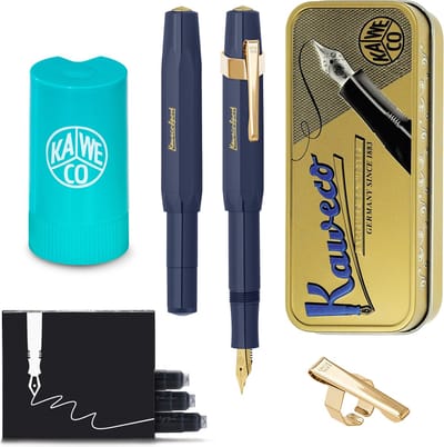 Kaweco - Cadeauset - (5delig) - Vulpen CLASSIC SPORT NAVY Fountain Pen - Fine - Vintage blikje - Oktogonal Clip Vergoldet - Patronen houder TURKOISE - Vullingen